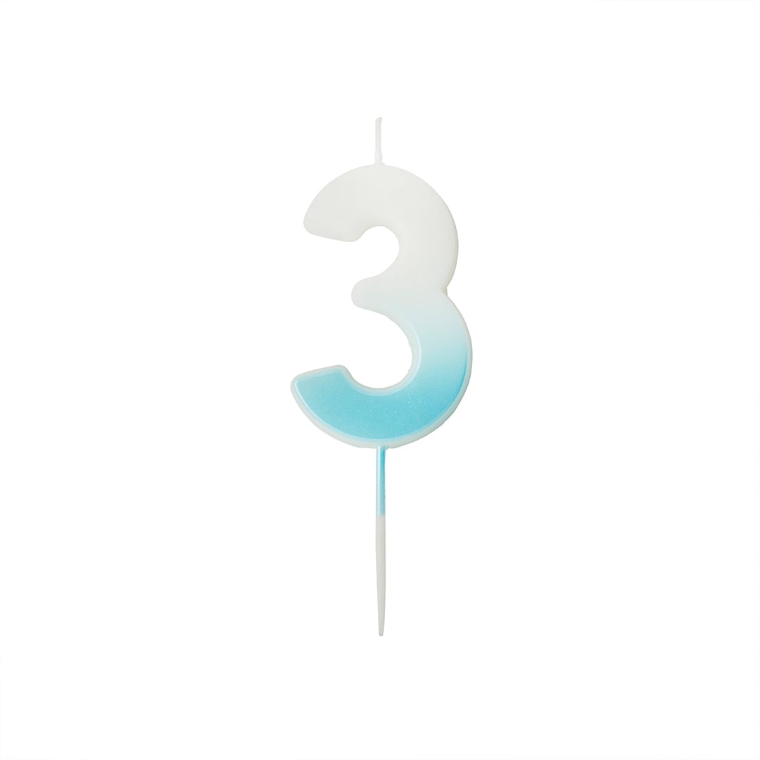 Baby Blue Ombre Number 3 Shaped Wax Pick Candle 6.2cm