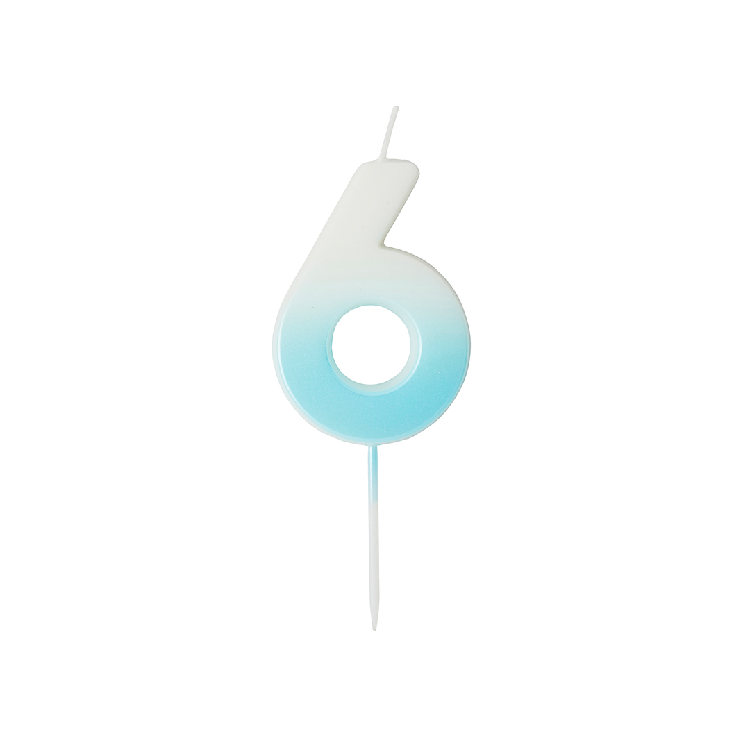 Baby Blue Ombre Number 6 Shaped Wax Pick Candle 6.2cm