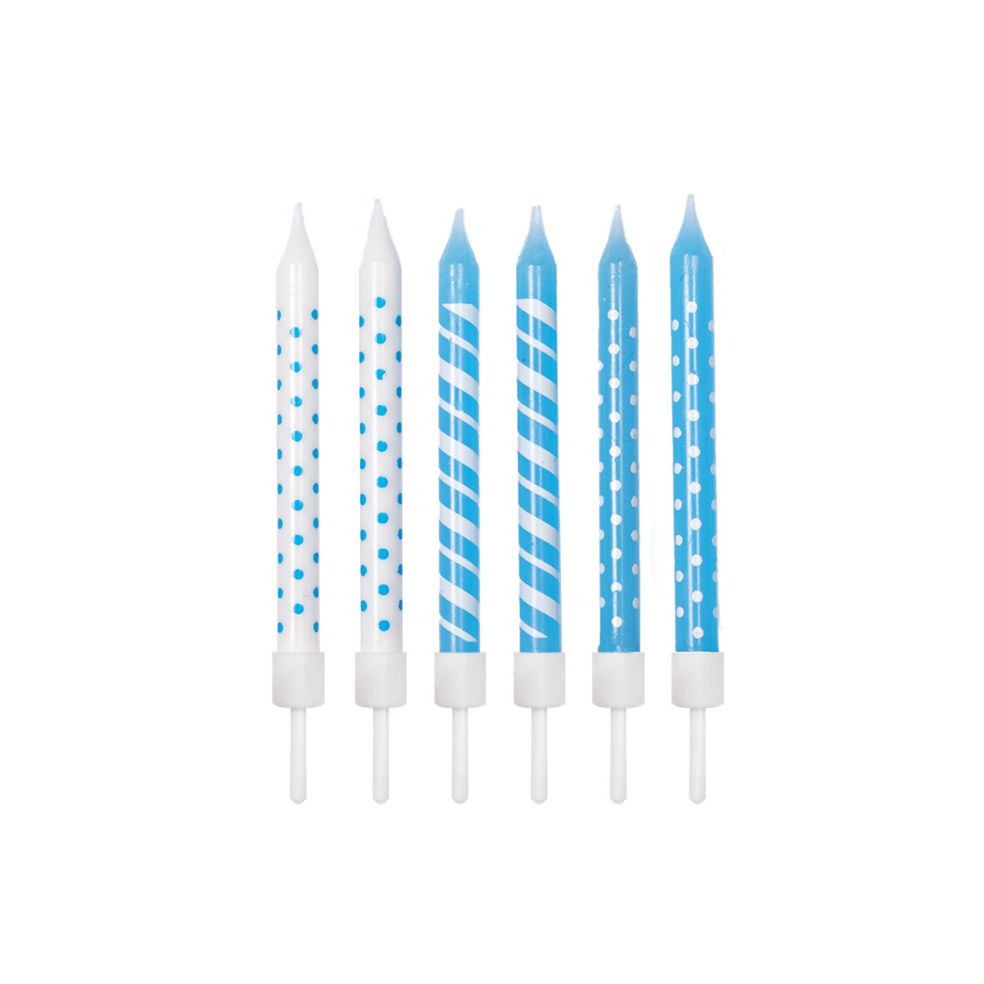 Baby Blue Polka Dots And Stripes Party Candles With Holders - Pack of 12