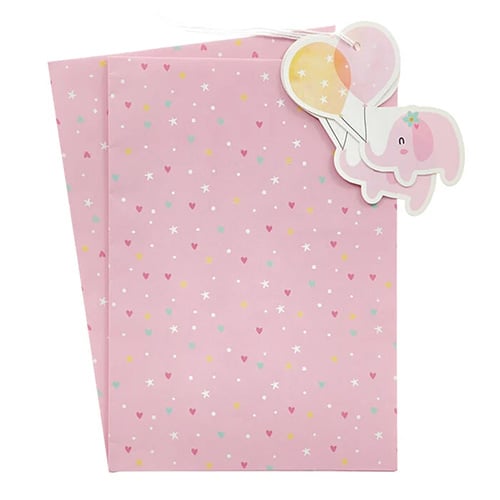 Baby Girl Pink Hearts Elephant Gift Wrapping Paper Sheets with Tags - Pack of 2 Product Gallery Image