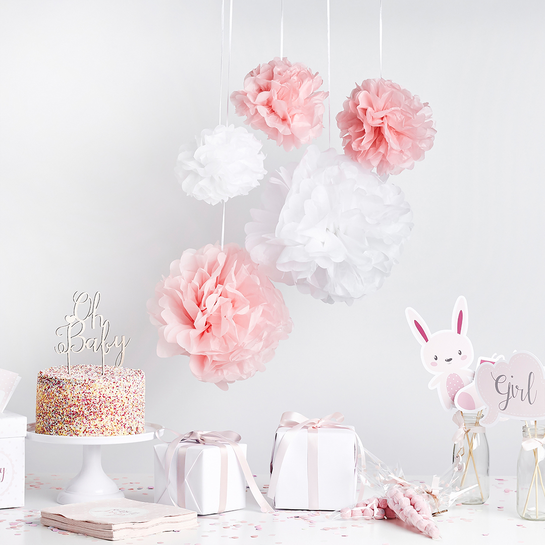 Baby Pink & White Pom Poms Paper Hanging Decorations - Pack of 5 View 2