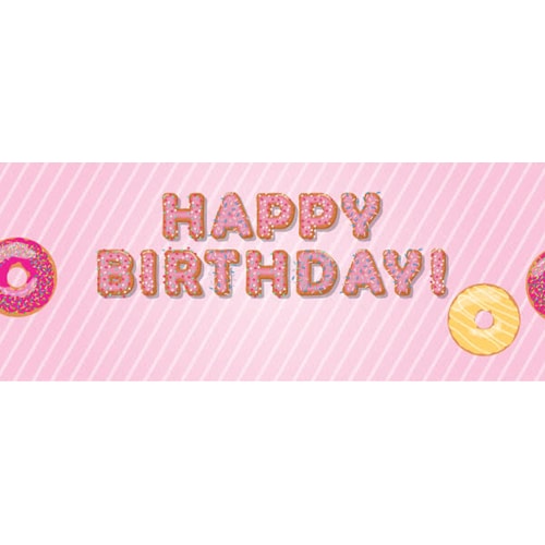 Baby Pink Happy Birthday Donuts Design Small Personalised Banner - 4ft x 2ft