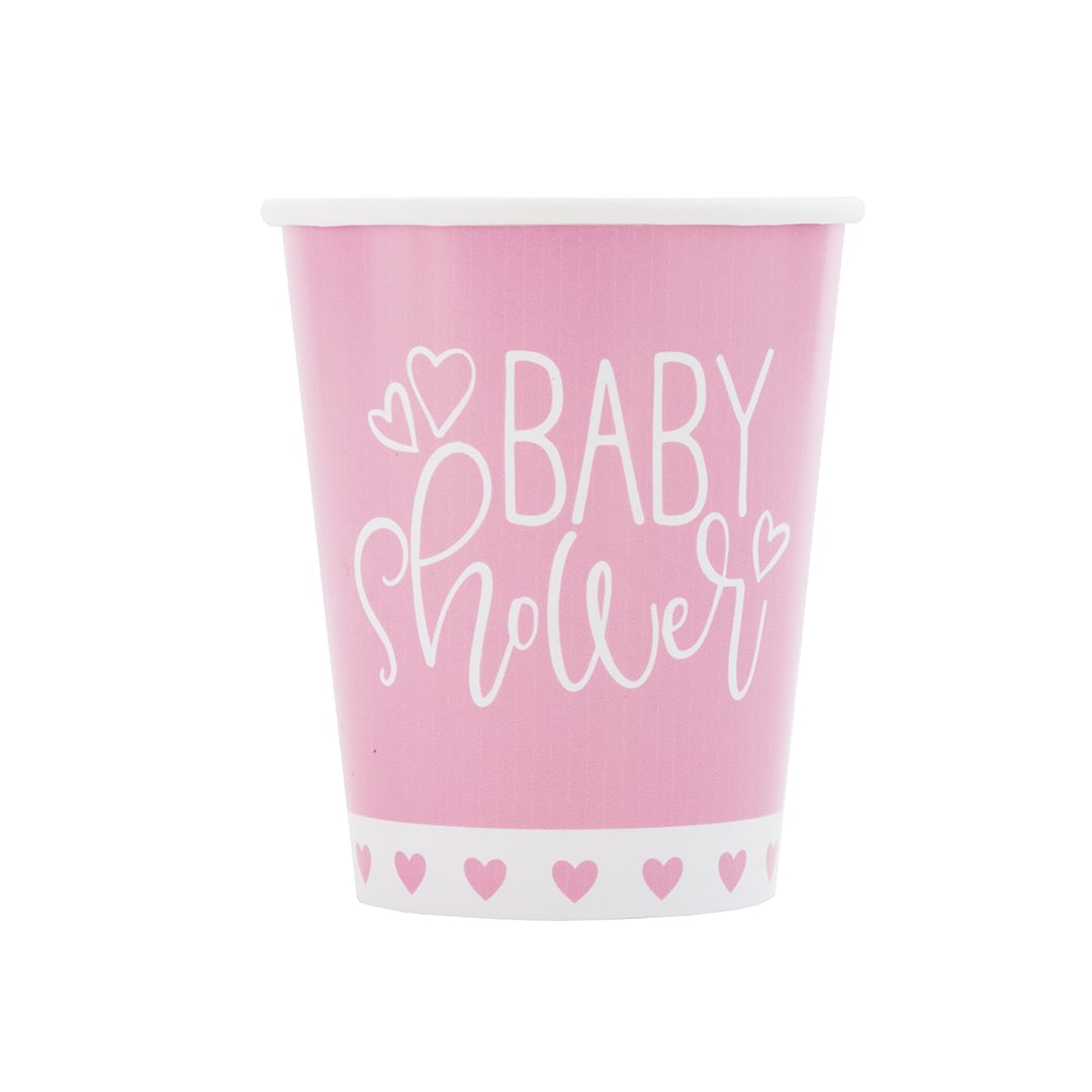 Baby Pink Hearts Baby Shower Paper Cups 270ml - Pack of 8