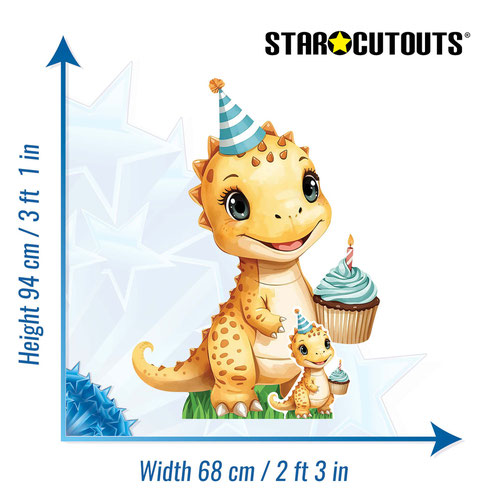 Baby Tyrannosaurus Rex with Party Hat and Cake Dinosaur Star Mini Cardboard Cutout 94cm Product Gallery Image