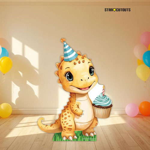 Baby Tyrannosaurus Rex with Party Hat and Cake Dinosaur Star Mini Cardboard Cutout 94cm Product Gallery Image