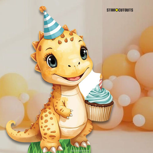 Baby Tyrannosaurus Rex with Party Hat and Cake Dinosaur Star Mini Cardboard Cutout 94cm Product Gallery Image