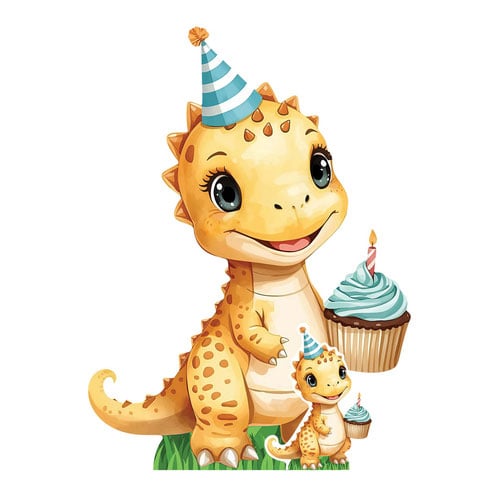 Baby Tyrannosaurus Rex with Party Hat and Cake Dinosaur Star Mini Cardboard Cutout 94cm