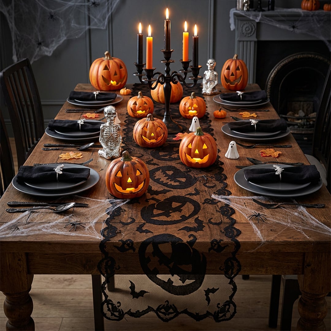 Bat & Pumpkin Spooky Black Lace Effect Halloween Fabric Table Runner 1.9m View 2
