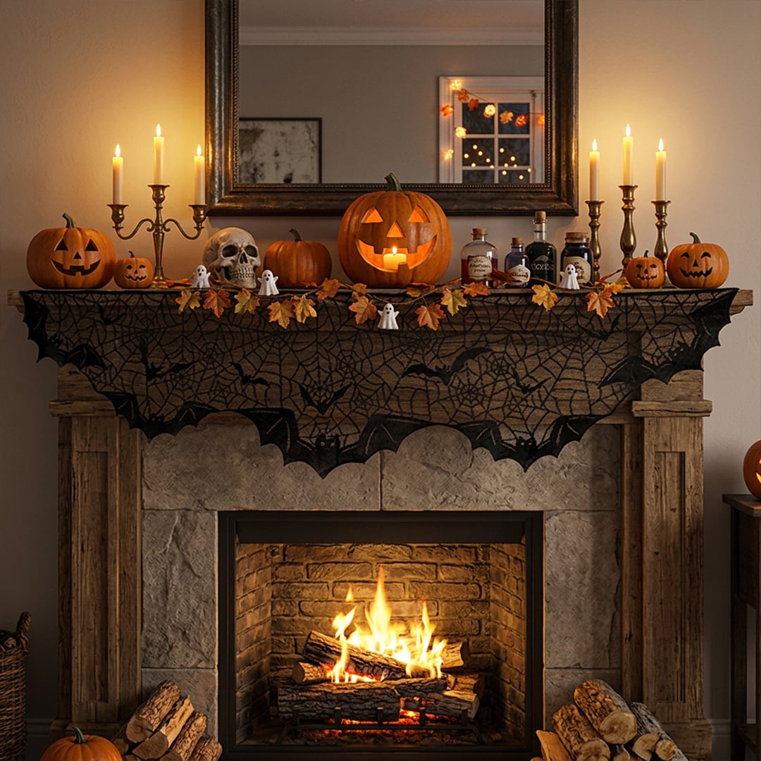 Bat Black Lace Effect Halloween Fabric Mantel Runner 2m View 2