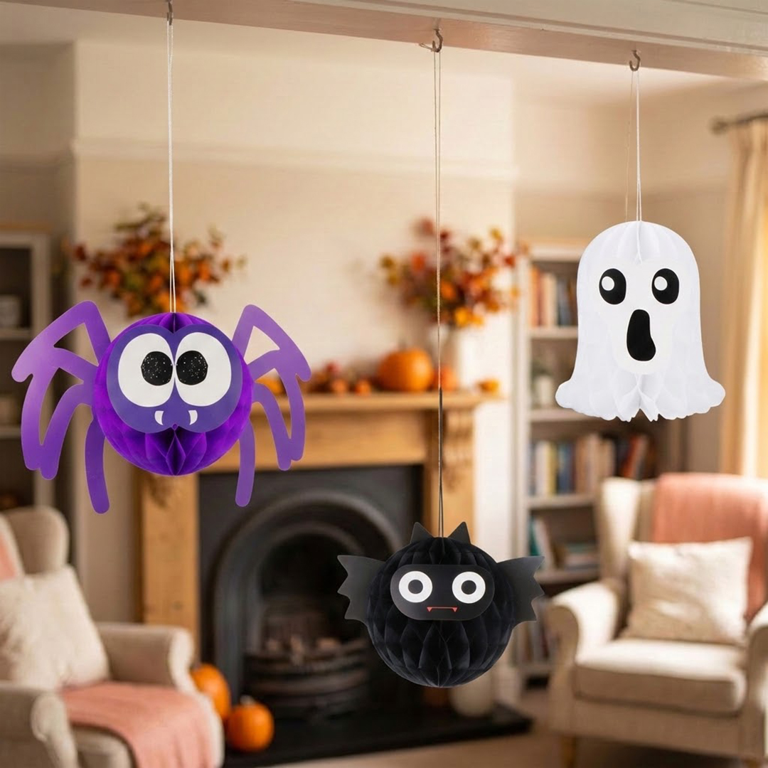 Bat, Spider & Ghost 3D Halloween Honeycomb Paper Hanging Decorations - Pack of 3 View 2