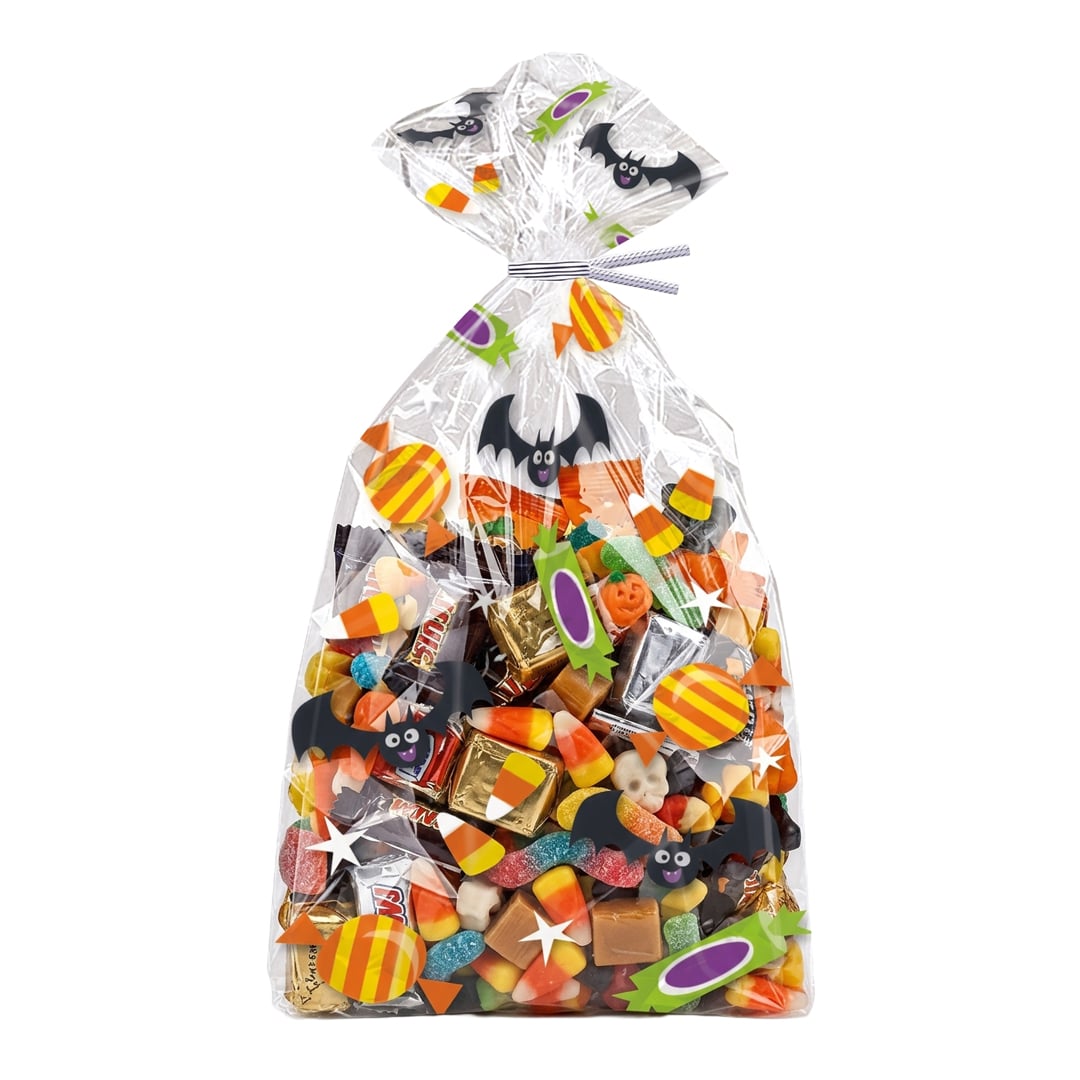 Bats & Candy Halloween Clear Cello Gift Bags with Twist Ties - Pack of 20