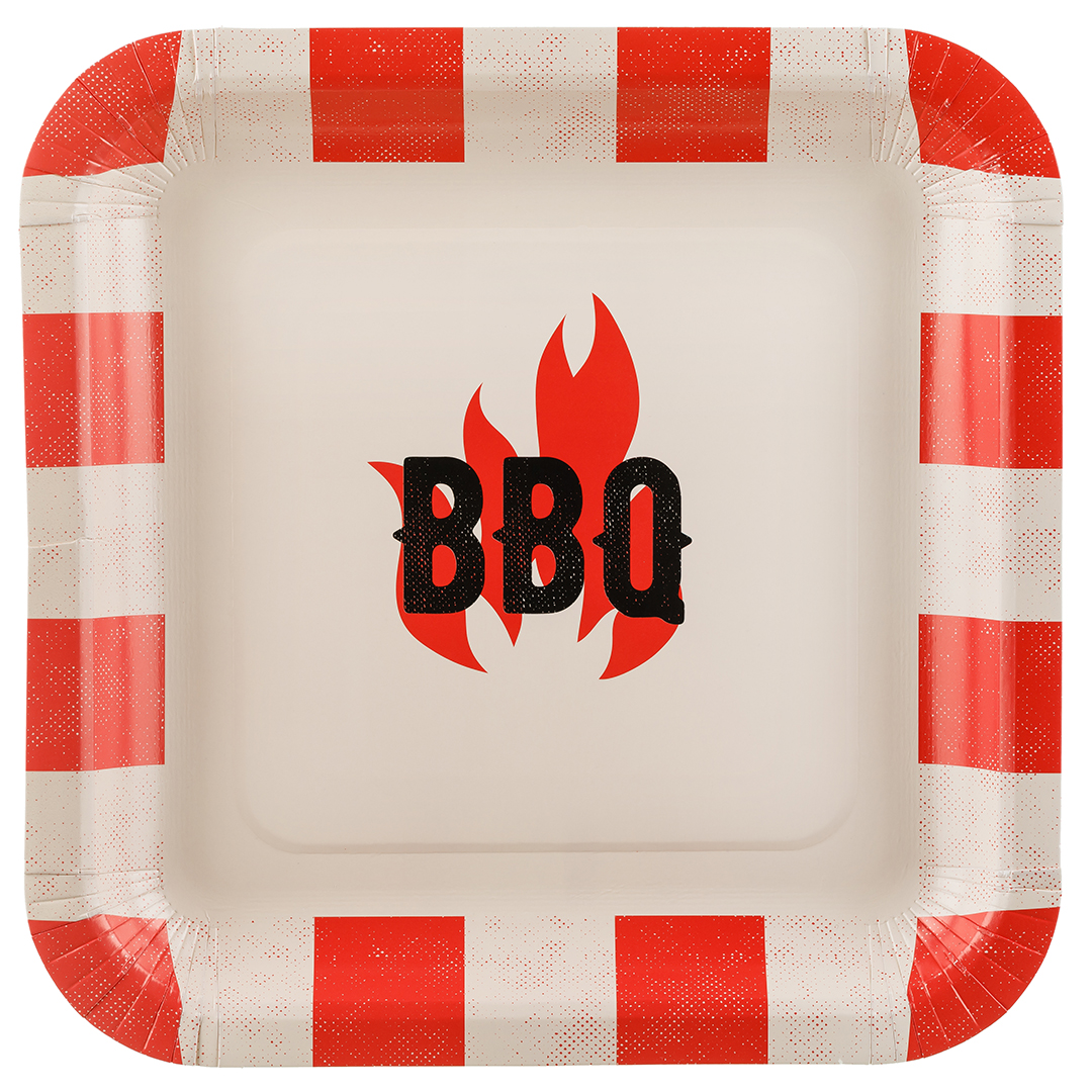 BBQ Red & White Square Paper Plates 26cm - Pack of 6