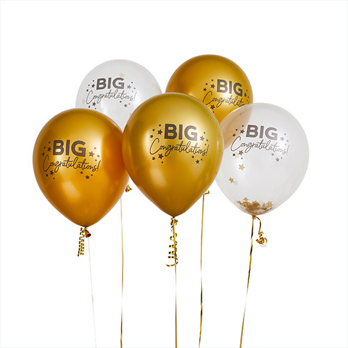 Big Congratulations Metallic Gold and Clear with Stars Latex Balloons 30cm / 12 in - Pack of 5