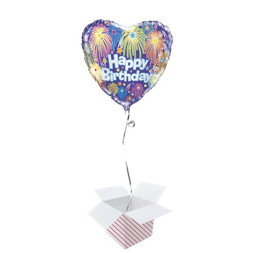 Birthday Fireworks Heart Shape Foil Helium Balloon - Inflated Balloon in a Box