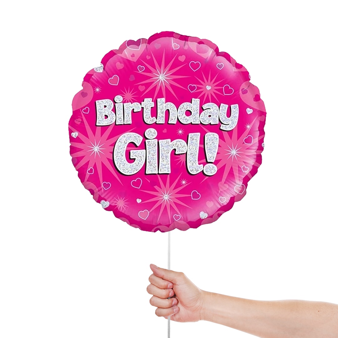 Birthday Girl Pink Holographic Round Foil Helium Balloon 46cm / 18 in Product Gallery Image