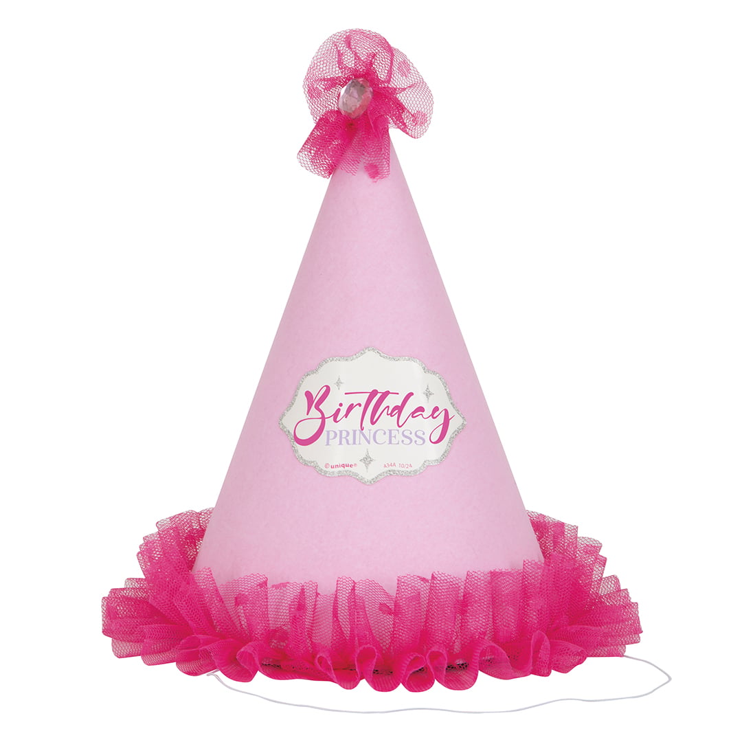 Birthday Princess Pink Satin Party Hat with Tulle Trim