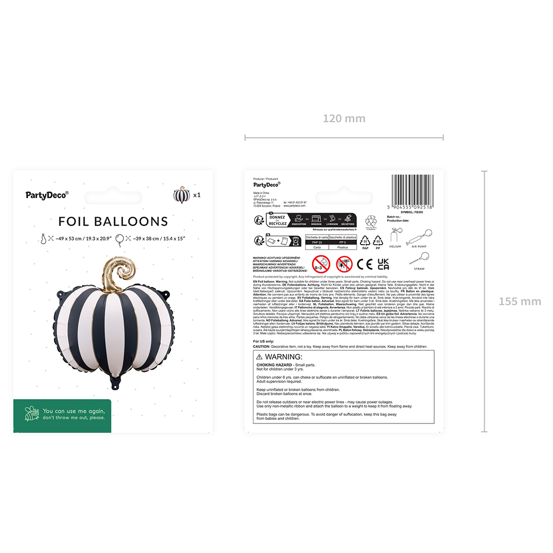 Black & White Striped Pumpkin Halloween Shaped Foil Balloon 53cm / 21 in View 6