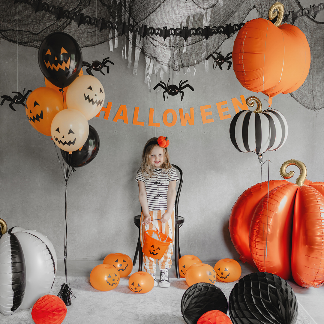 Black & White Striped Pumpkin Halloween Shaped Foil Balloon 53cm / 21 in View 2