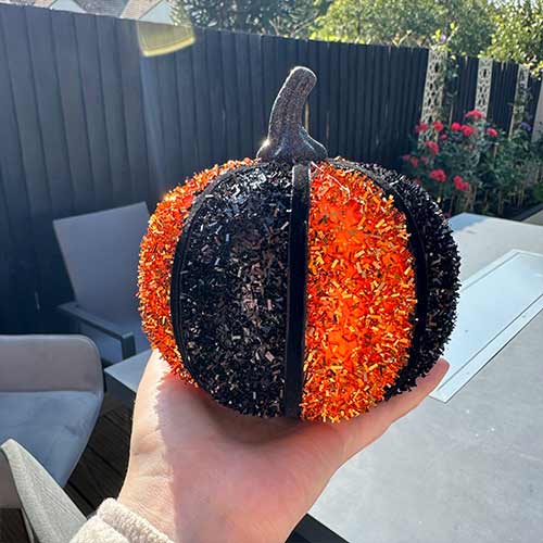 Black and Orange Halloween Tinsel Pumpkin 14cm Product Gallery Image