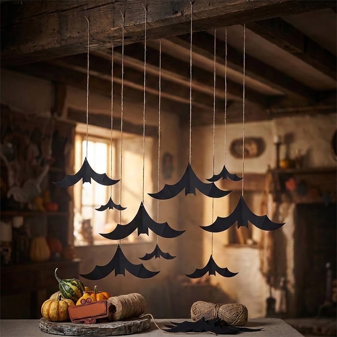 Black Bat Halloween Paper Hanging Decorations - Pack of 10
