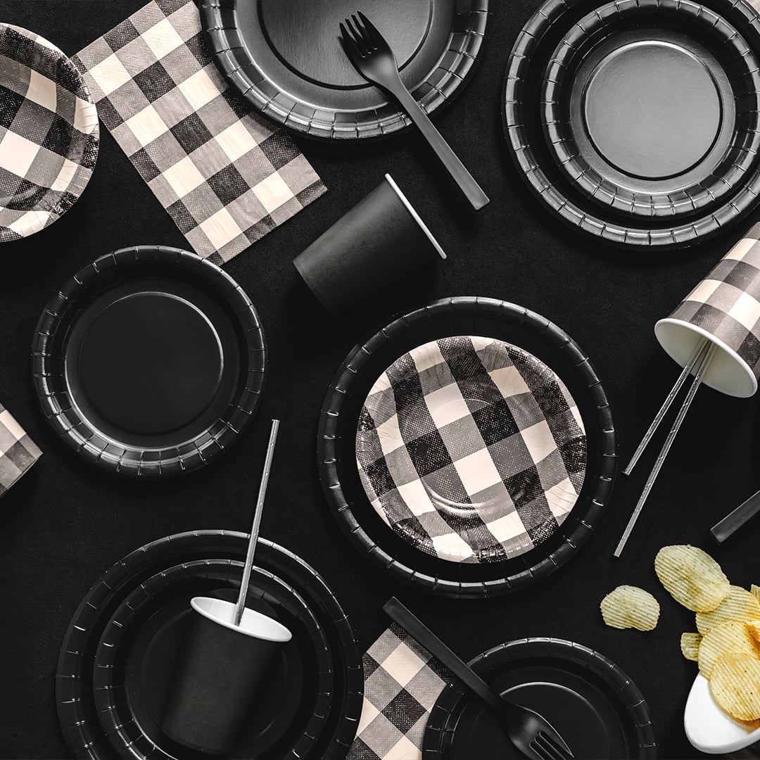 Black Checkered Gingham Round Paper Bowls 17cm - Pack of 6 Product Gallery Image