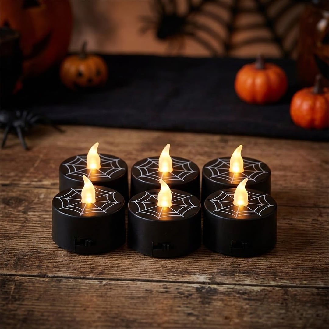 Black Cobweb Halloween LED Tealights - Pack of 6
