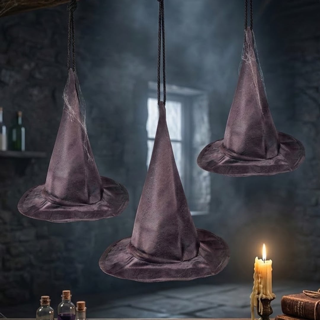 Black Fabric Witch Hat Halloween Hanging Decorations 20cm - Pack of 3