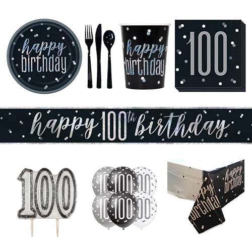Black Glitz 100th Birthday 8 Person Deluxe Party Pack