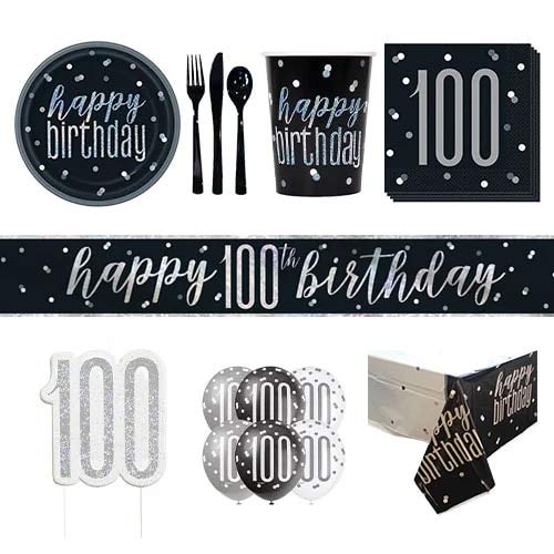 Black Glitz 100th Birthday 8 Person Deluxe Party Pack
