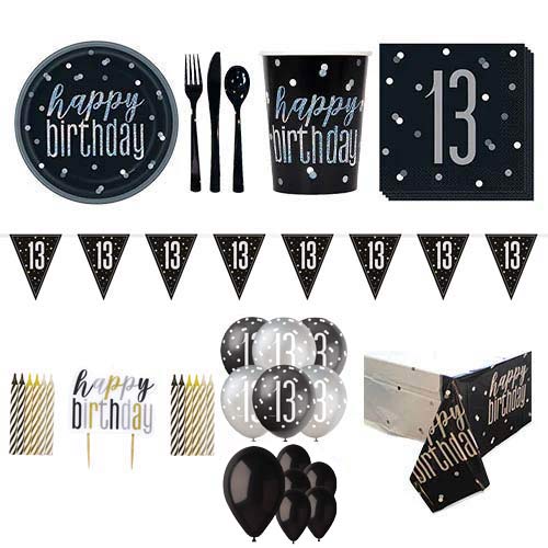 Black Glitz 13th Birthday 16 Person Deluxe Party Pack