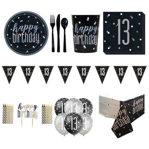 Black Glitz 13th Birthday 8 Person Deluxe Party Pack