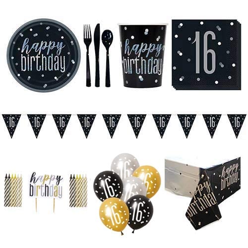 Black Glitz 16th Birthday 8 Person Deluxe Party Pack