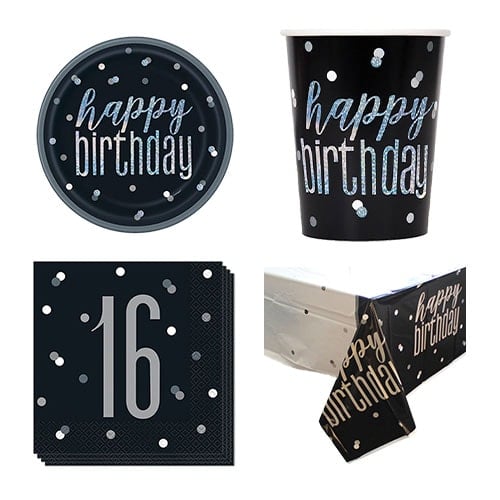 Black Glitz 16th Birthday 8 Person Value Party Pack