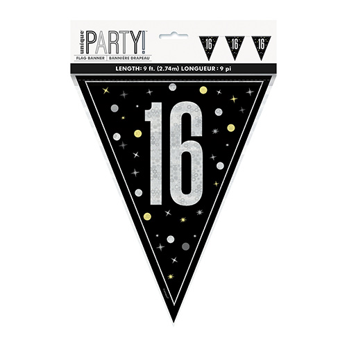 Black Glitz 16th Birthday Holographic Foil Pennant Bunting 274cm Product Gallery Image