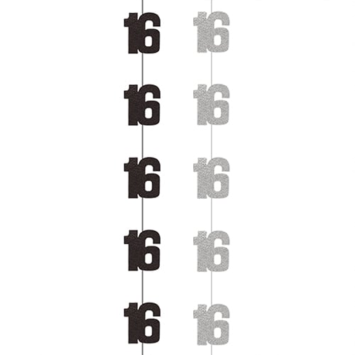 Black Glitz 16th Birthday Prismatic Foil Hanging Decorations 1.5m / 5 ft - Pack of 6 Product Gallery Image