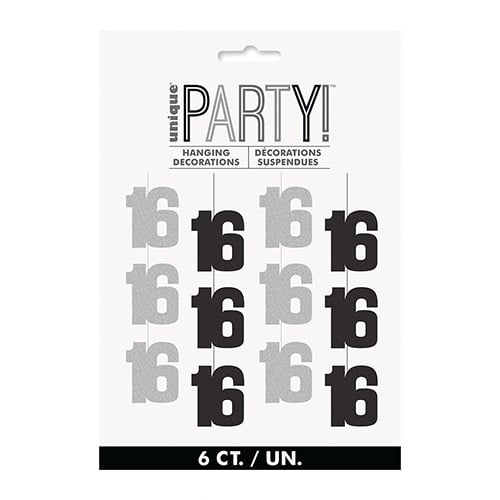 Black Glitz 16th Birthday Prismatic Foil Hanging Decorations 1.5m / 5 ft - Pack of 6 Product Gallery Image