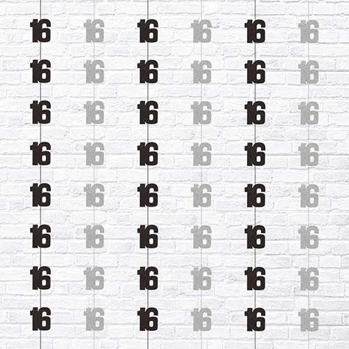 Black Glitz 16th Birthday Prismatic Foil Hanging Decorations 1.5m / 5 ft - Pack of 6 Product Gallery Image