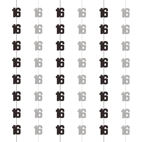 Black Glitz 16th Birthday Prismatic Foil Hanging Decorations 1.5m / 5 ft - Pack of 6