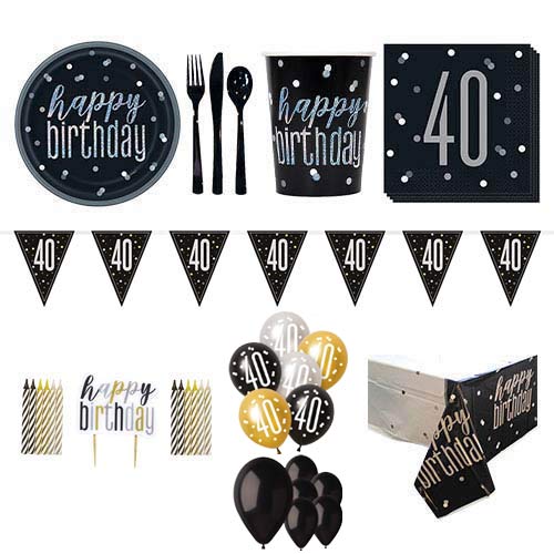 Black Glitz 40th Birthday 16 Person Deluxe Party Pack