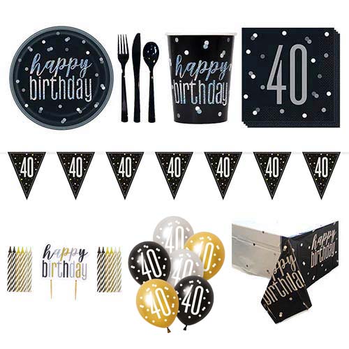 Black Glitz 40th Birthday 8 Person Deluxe Party Pack
