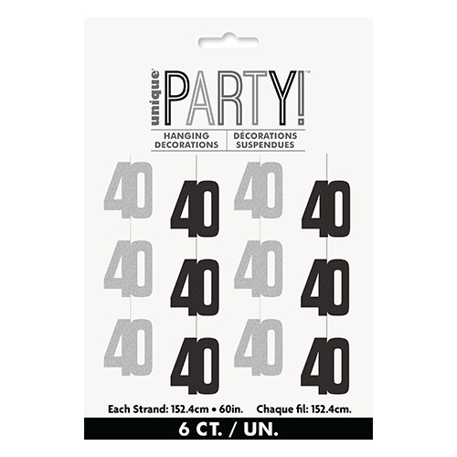 Black Glitz 40th Birthday Prismatic Foil Hanging Decorations 1.5m / 5 ft - Pack of 6 Product Gallery Image
