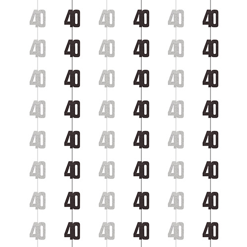 Black Glitz 40th Birthday Prismatic Foil Hanging Decorations 1.5m / 5 ft - Pack of 6