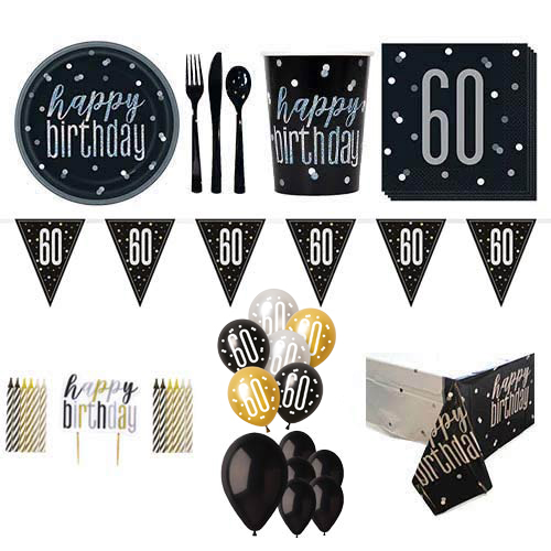 Black Glitz 60th Birthday 16 Person Deluxe Party Pack