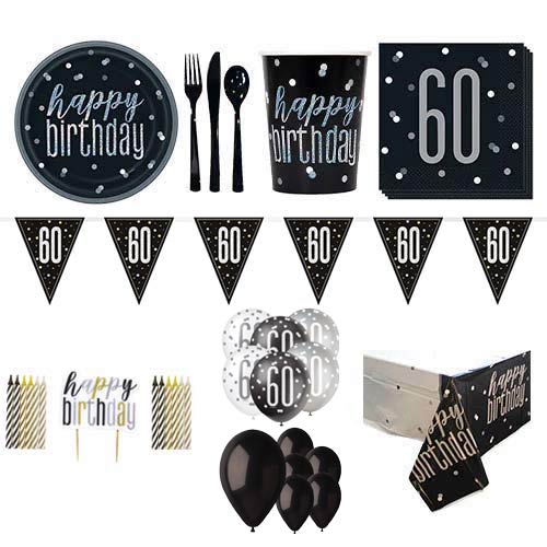 Black Glitz 60th Birthday 16 Person Deluxe Party Pack