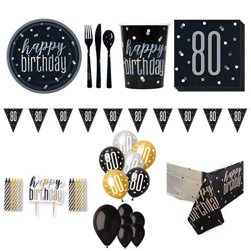 Black Glitz 80th Birthday 16 Person Deluxe Party Pack