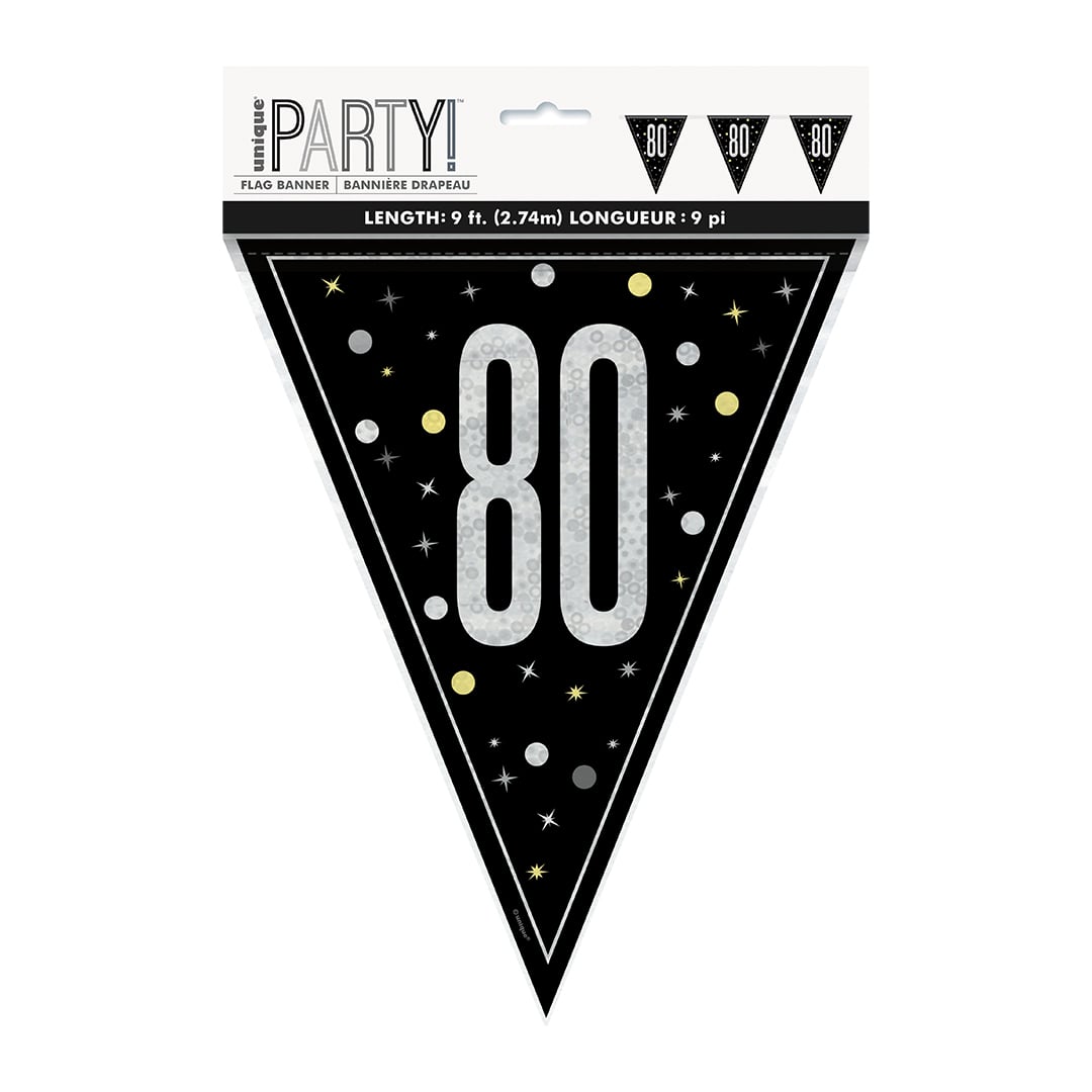 Black Glitz 80th Birthday Holographic Foil Pennant Bunting 274cm Product Gallery Image
