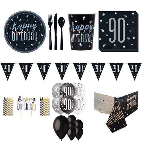 Black Glitz 90th Birthday 16 Person Deluxe Party Pack