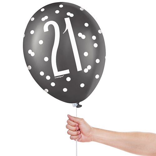 Black Glitz Age 21 Assorted Biodegradable Latex Balloons 30cm / 12 in - Pack of 6 Product Gallery Image