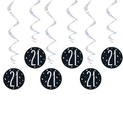 Black Glitz Age 21 Holographic Hanging Swirl Decorations - Pack of 6