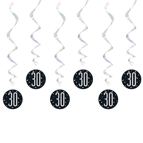 Black Glitz Age 30 Holographic Hanging Swirl Decorations - Pack of 6